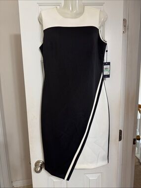 Tommy Hilfiger Black and White Sleeveless Colorblock Midi Sheath Dress